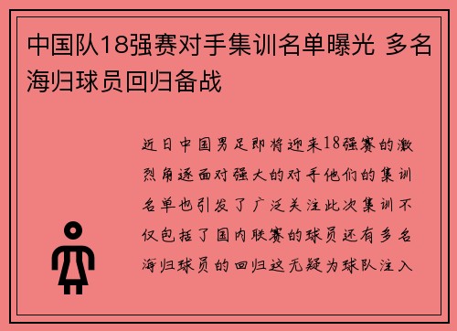 中国队18强赛对手集训名单曝光 多名海归球员回归备战